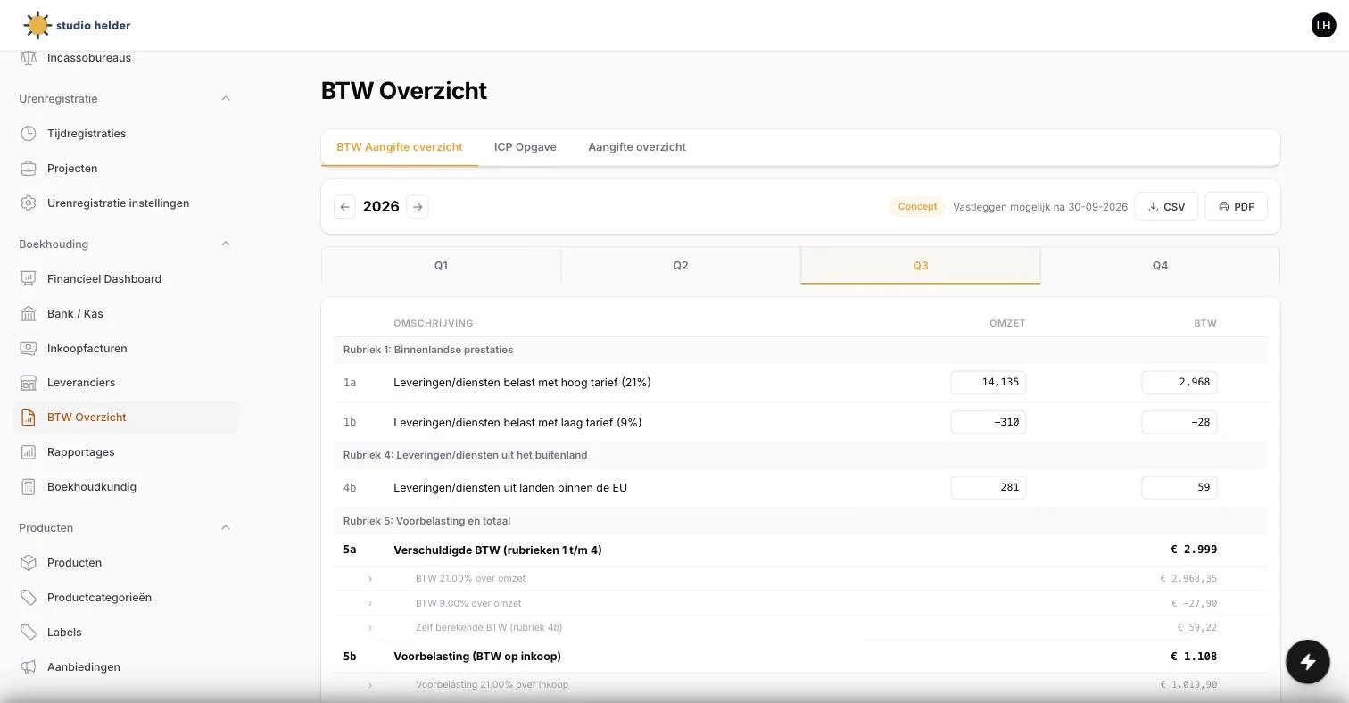Het Boekhouding-scherm in ZZP Tool