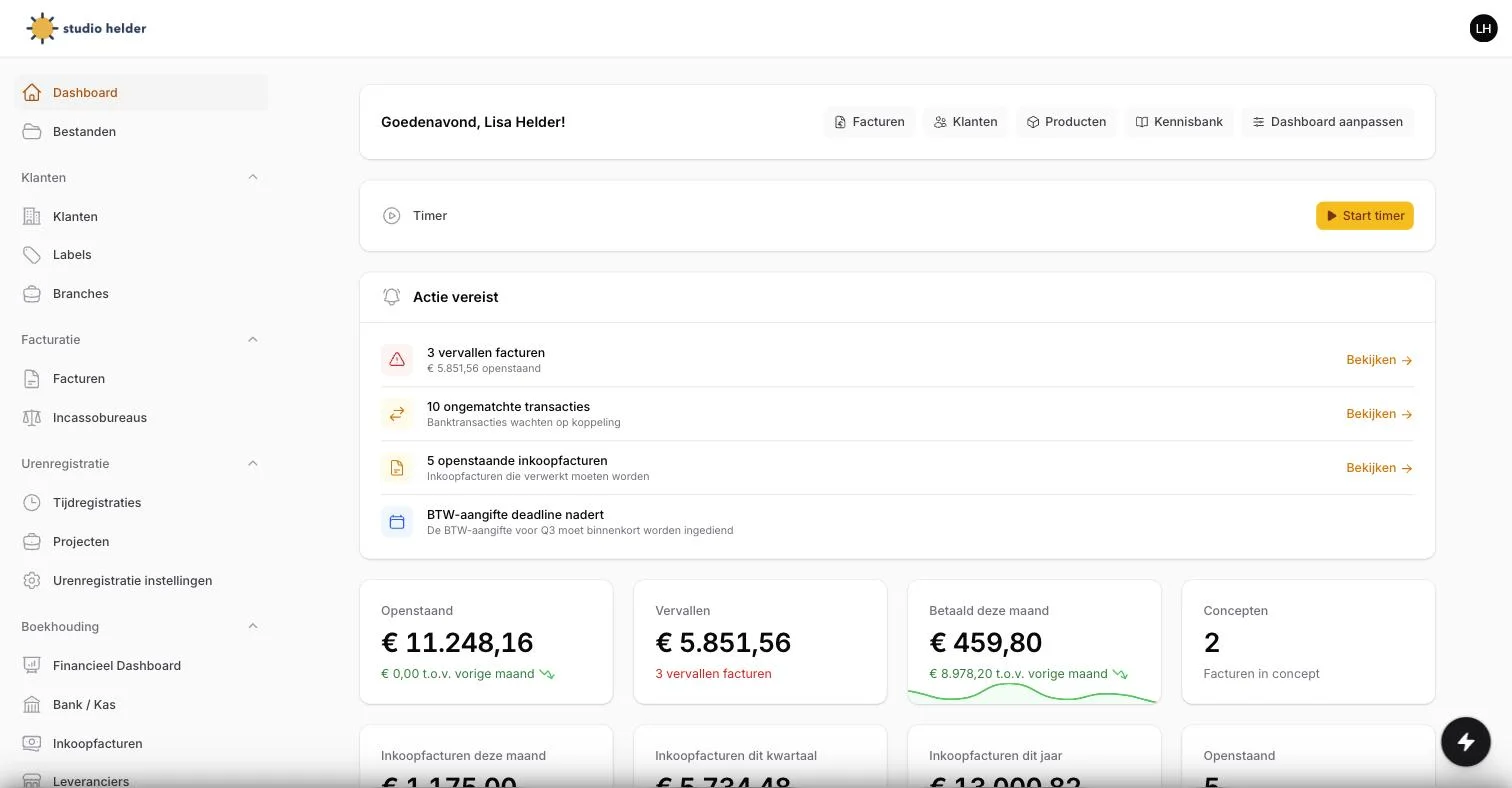 Het ZZP Tool-dashboard met openstaande facturen, uren en winst in één oogopslag
