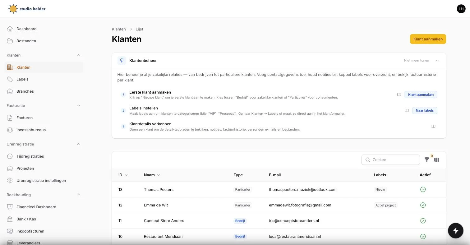 Het Klantenbeheer-scherm in ZZP Tool