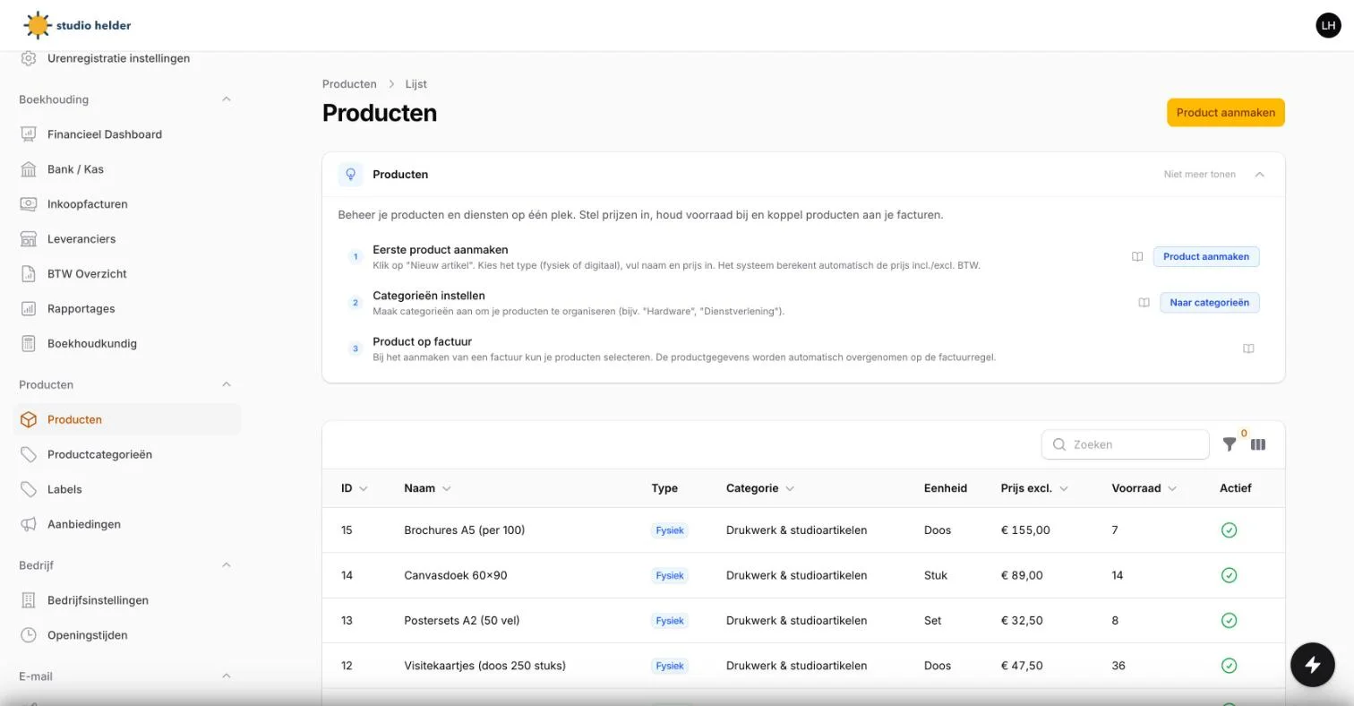 Het Producten & Voorraad-scherm in ZZP Tool