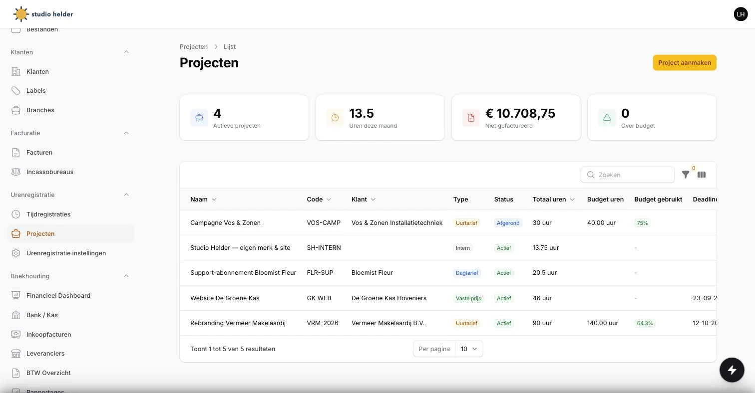 Het Projecten-scherm in ZZP Tool
