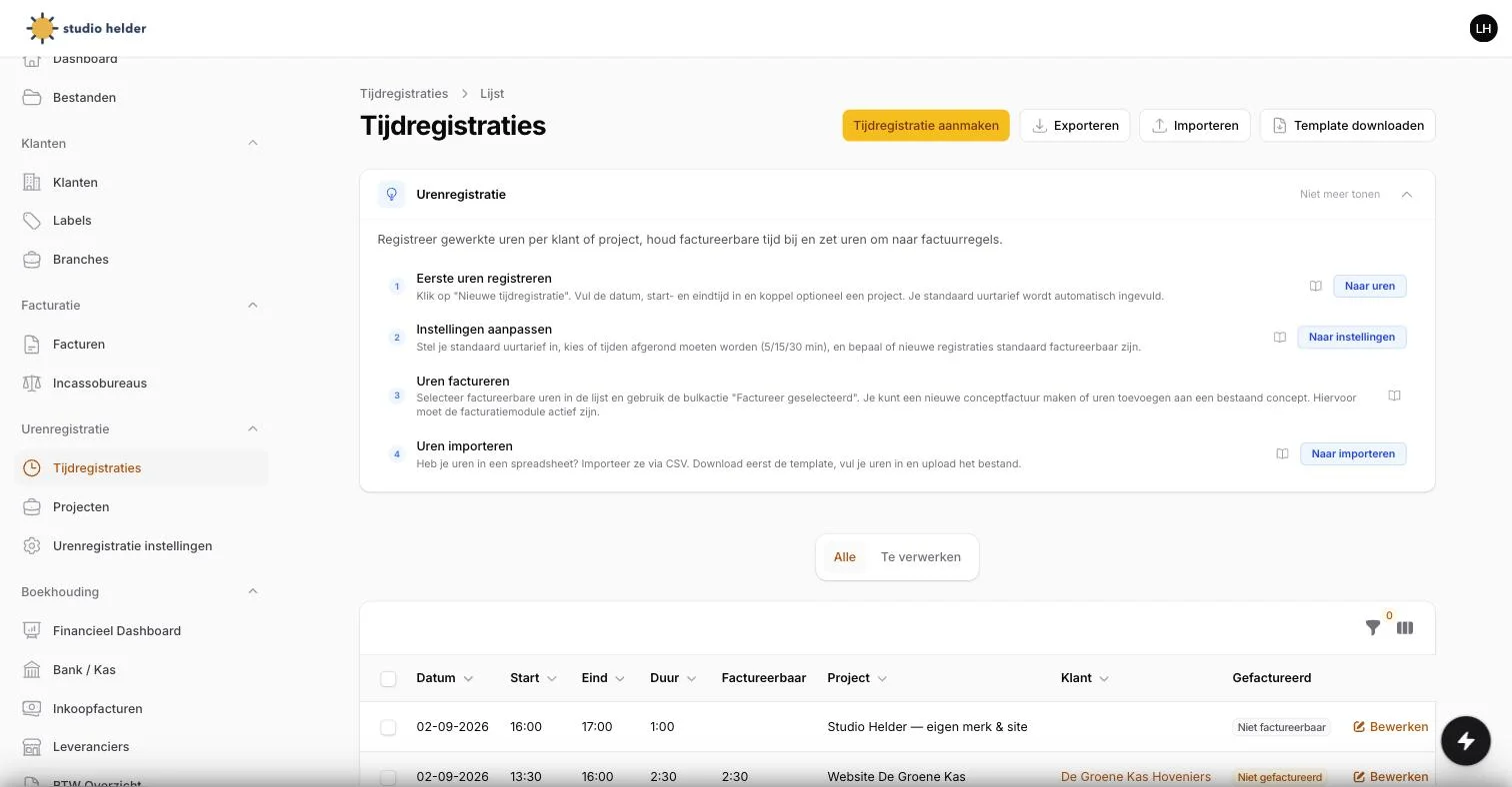 Het Urenregistratie-scherm in ZZP Tool